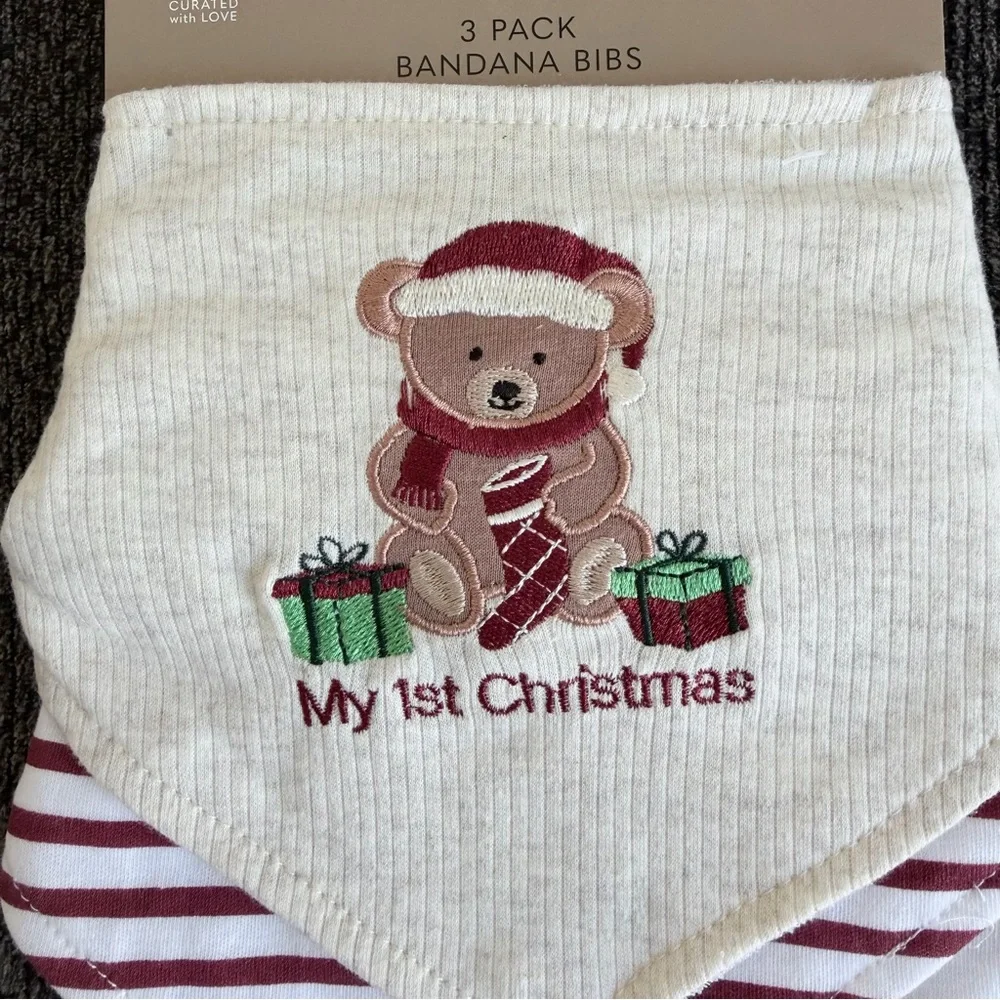 Chick Pea My first Christmas Festive Bear Bandana 3 pack Bibs - Cream and Red